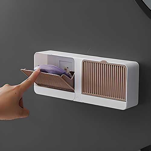 Wall-Mounted Double Bar Soap Box with Lid – Self-Adhesive, Draining Design | Durable Plastic Holder (Pack of 1)