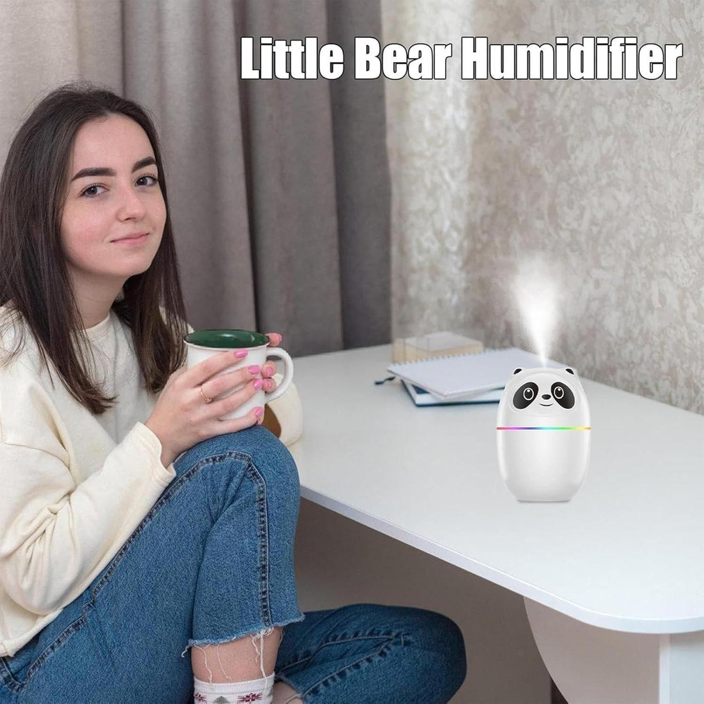 Mini Panda Cool Mist Humidifier – 220ml | Portable Room Humidifier with Colorful Night Light