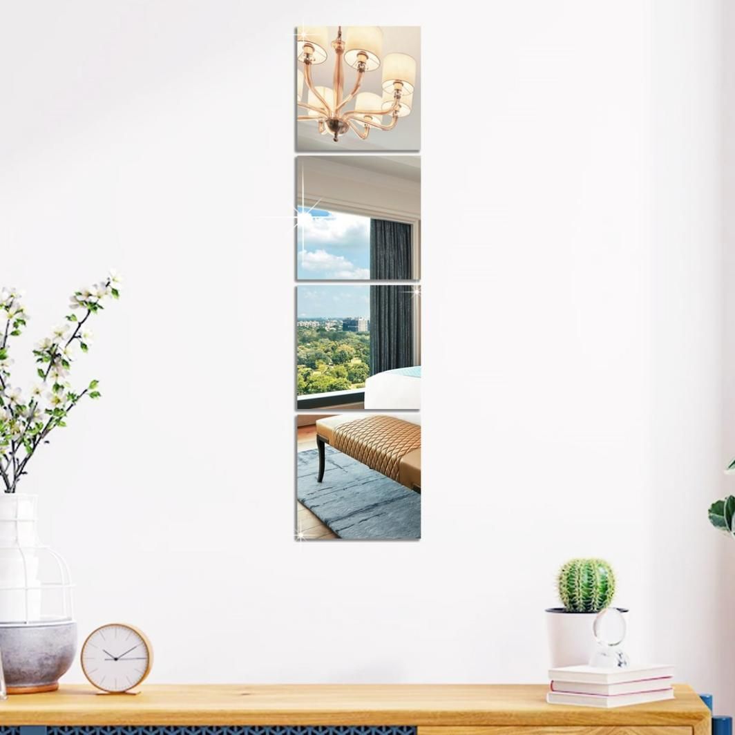 3D Acrylic Mirror Wall Stickers – Pack of 4 | Silver Square Decorative Panels for Home & Office