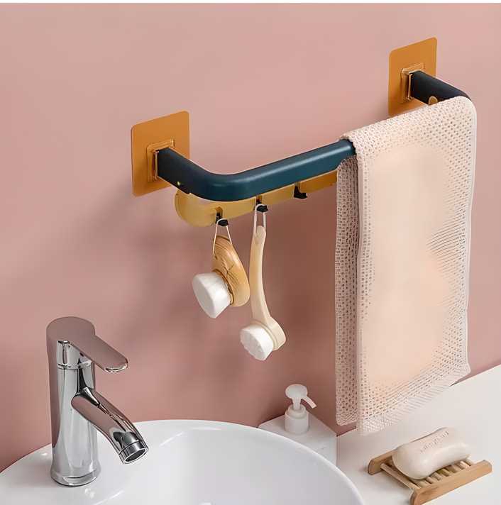 Double Layer Wall-Mounted Plastic Towel Rack with Hooks – Foldable & Space-Saving Bathroom Organizer (Pack of 1)