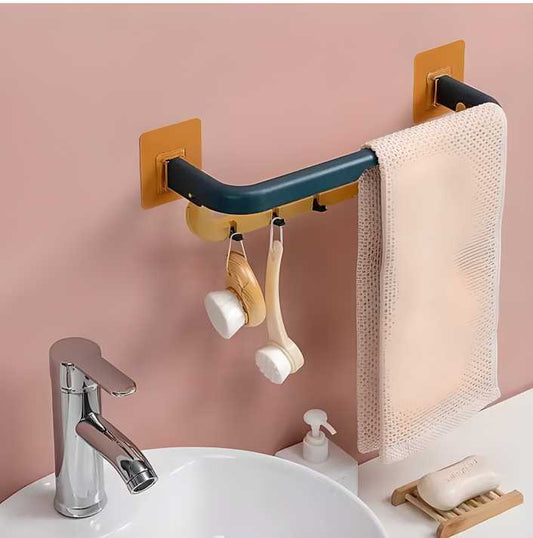 Double Layer Wall-Mounted Plastic Towel Rack with Hooks – Foldable & Space-Saving Bathroom Organizer (Pack of 1)