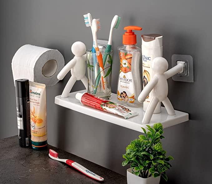 Wall-Mounted Bathroom Storage Shelf – White Bad Doll Design | No-Drill Waterproof Organizer Rack (Pack of 1)