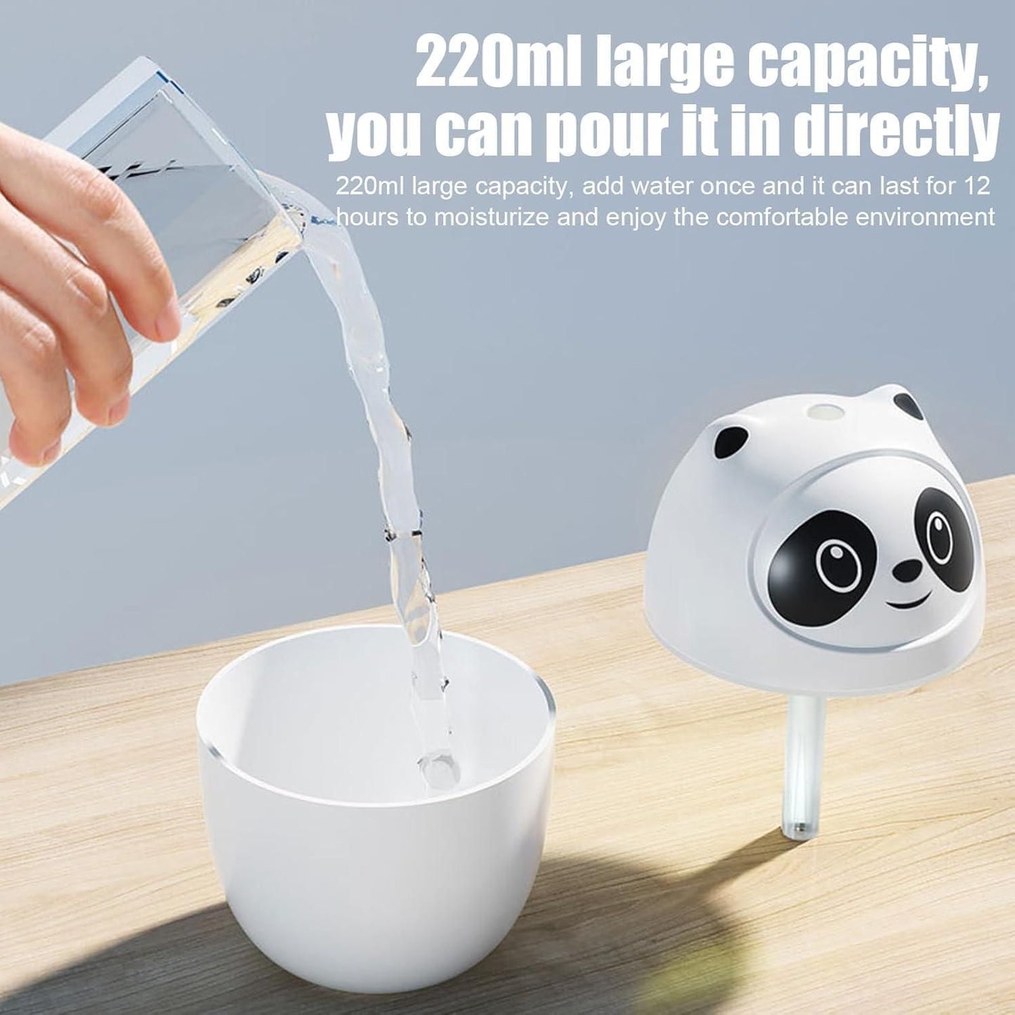 Mini Panda Cool Mist Humidifier – 220ml | Portable Room Humidifier with Colorful Night Light