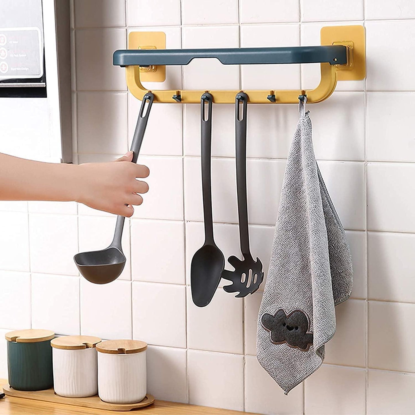 Double Layer Wall-Mounted Plastic Towel Rack with Hooks – Foldable & Space-Saving Bathroom Organizer (Pack of 1)