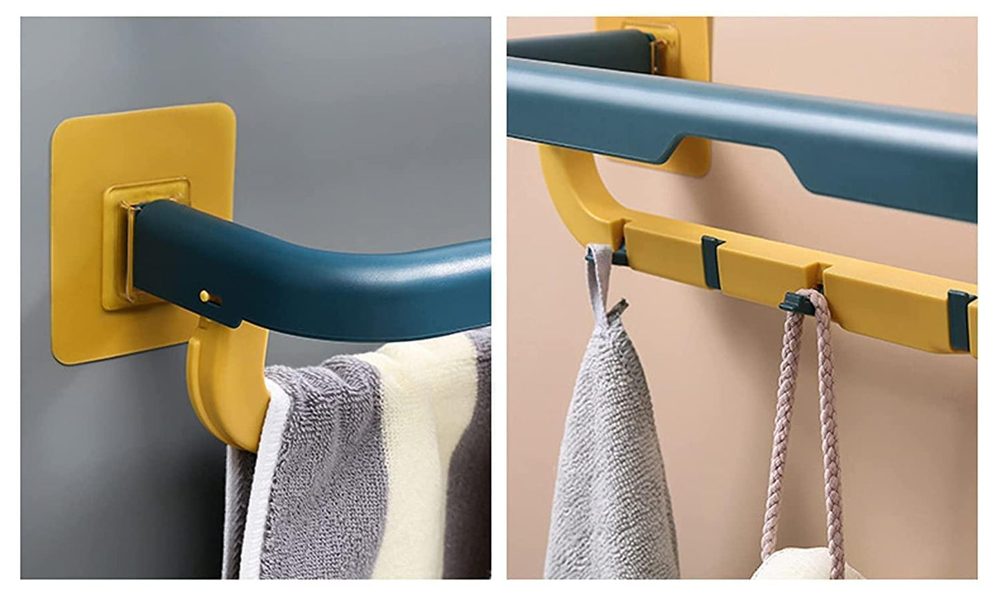Double Layer Wall-Mounted Plastic Towel Rack with Hooks – Foldable & Space-Saving Bathroom Organizer (Pack of 1)