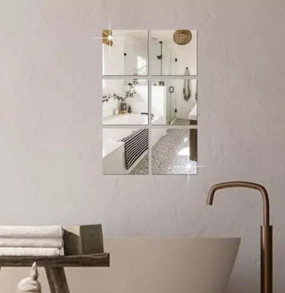 3D Acrylic Mirror Wall Stickers – Pack of 4 | Silver Square Decorative Panels for Home & Office