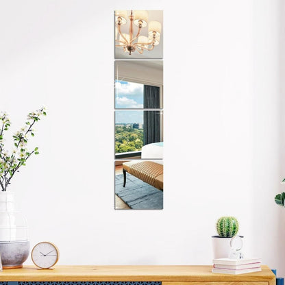3D Acrylic Mirror Wall Stickers – Pack of 4 | Silver Square Decorative Panels for Home & Office