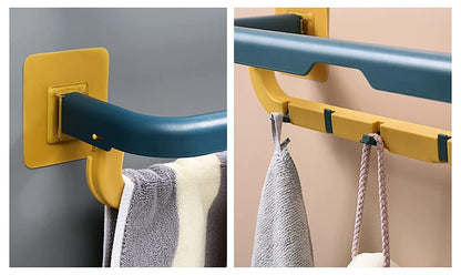 Double Layer Wall-Mounted Plastic Towel Rack with Hooks – Foldable & Space-Saving Bathroom Organizer (Pack of 1)